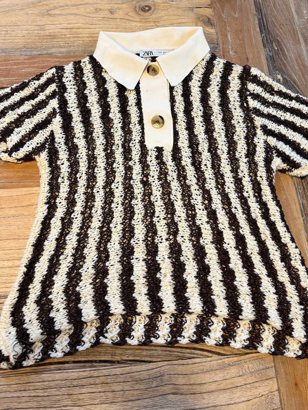 Zara Crochet Knit Polo Top Cream Brown Striped Open Short Sleeve Size M